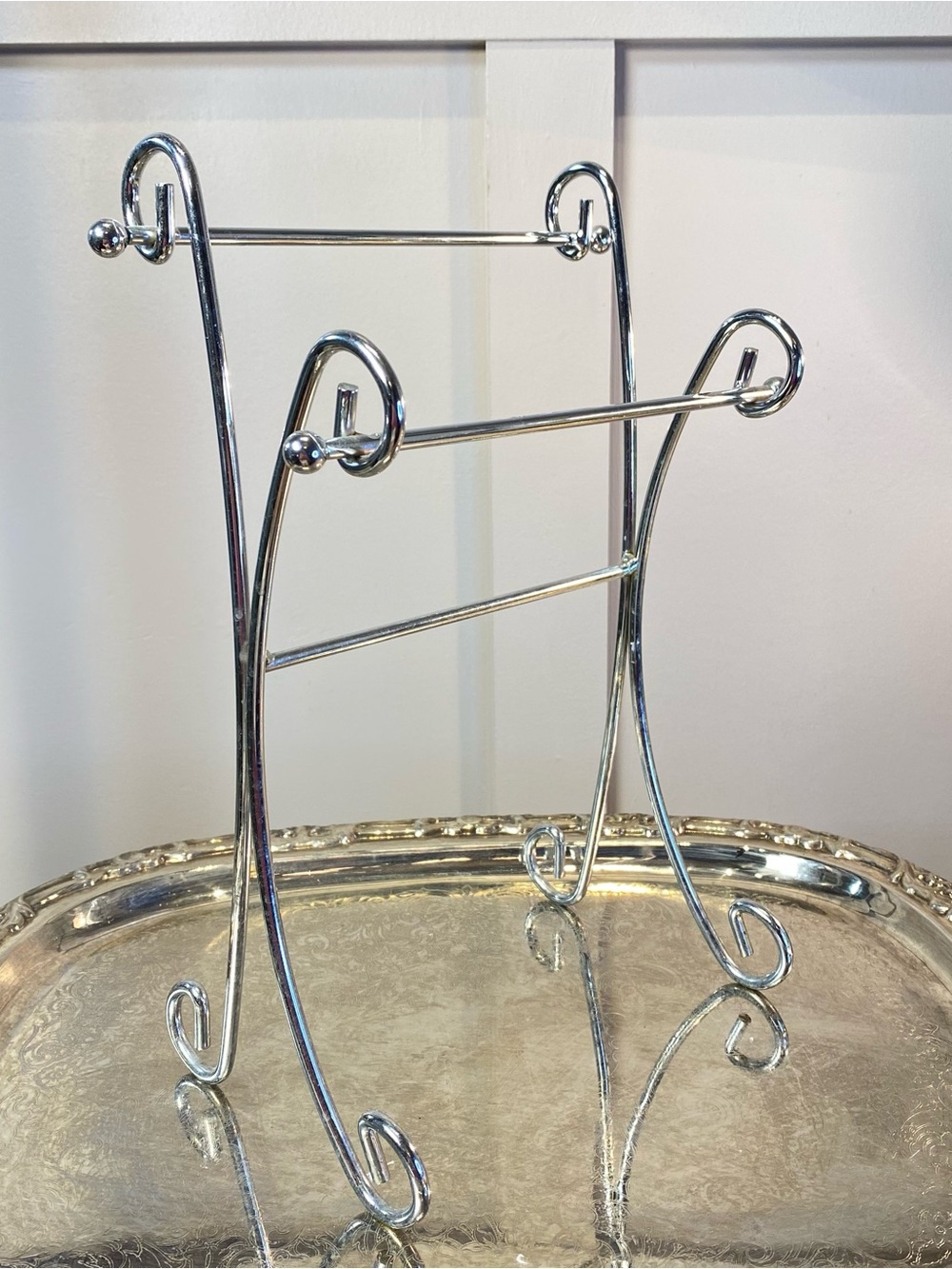 Vintage Silver Tone Scrolled 2 Tier Necklace Stand or Hand Towel Holder